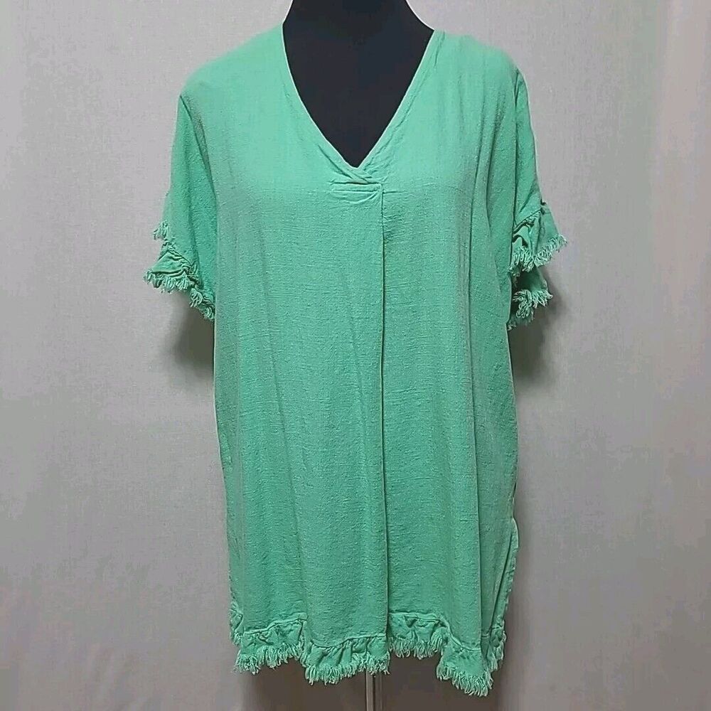 Umgee Lime Green Linen Blend Ruffled Fringe V-Neck Oversized Tunic Top Medium